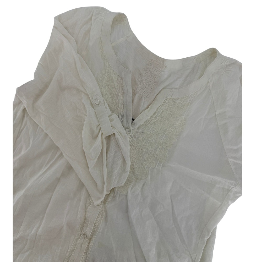 Nine West Vintage America White Lace Bib Button‎ Front Roll Tab Sleeve Blouse L